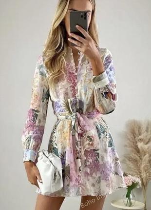 Платье zara из попугая розовое нарядное под пояс нежное5 фото
