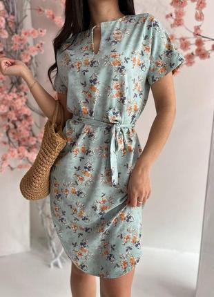 Красивое летнее платье женское с коротким рукавом в цветочек оливковое платье на лето с поясом из ткани софт2 фото