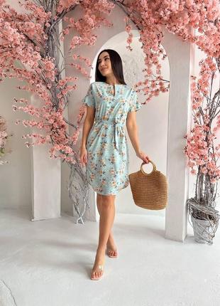 Красивое летнее платье женское с коротким рукавом в цветочек оливковое платье на лето с поясом из ткани софт5 фото