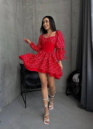 Платье кукольное в цветочек красное чёрное голубое корсетное мини с рукавами фонариками с двойной пышной юбкой с декольте лолита аниме беби долл софи