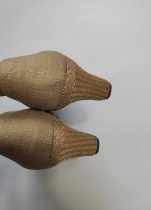 Бежевые льняные туфли босоножки сандалии на плетеной танкетке платформе лен текстиль skechers8 фото