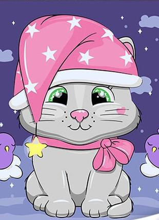 Картина за номерами  кіт у нічному капелюсі із зірками з лаком та з рівнем  30х30 см