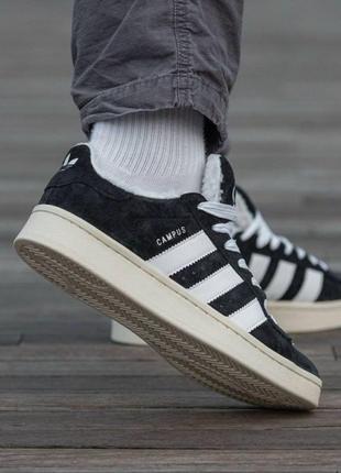 Зимові adidas campus winter на хутрі black\white6 фото