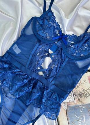 Синє жіноче боді з гартерами у ніжне мереживо4 фото