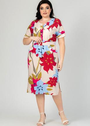 Элегантное женское льняное платье с цветочным принтом, большие размеры