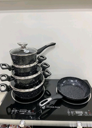 Набір каструль зі сковородою граніт круглий (9 предметів)2 фото