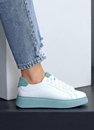 Натуральные кожаные белые кеды - кроссовки на подошве цвета ментол1 фото