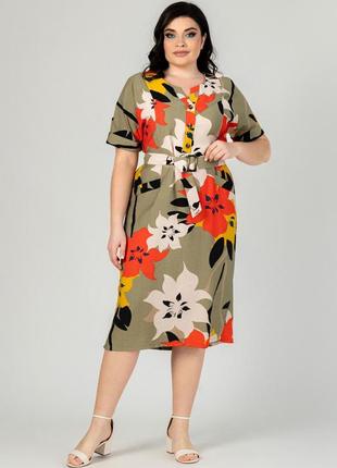Стильное женское льняное платье с цветочным принтом, большие размеры