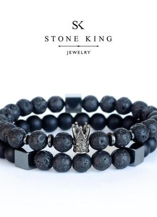 Комплект чоловічих браслетів "king" і "my way" з лави та шунгіту