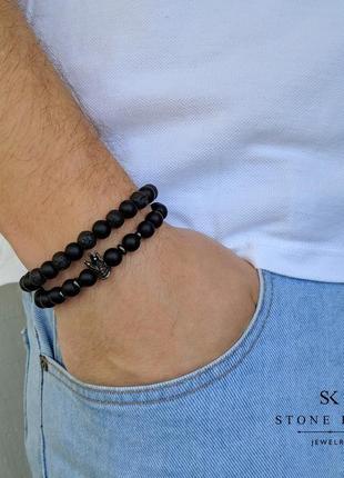 Комплект мужских браслетов "king" и "one" из шунгита и скамьи4 фото