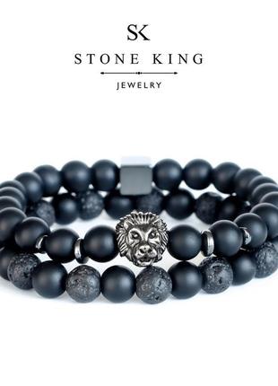 Комплект мужских браслетов "magic lion" и "one" из шунгита и лавы