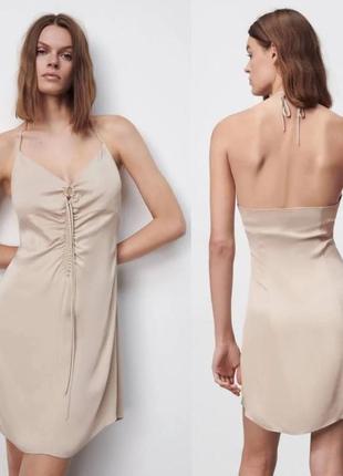 Платье мини короткая туника света бежевая вискоза zara