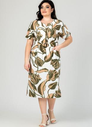 Шикарное женское льняное платье с растительным принтом, большие размеры7 фото