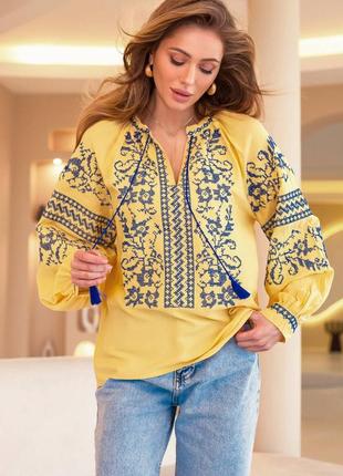 Женская украинская желто-голубая вышиванка, вышитая рубашка, блуза, блузка1 фото