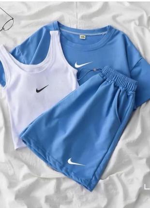 Жіночий літній костюм-трійка nike укорочена футболка oversize + майка + шорти розміри 42-461 фото