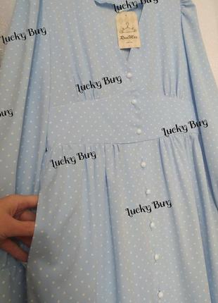 Платье миди с длинными рукавами, голубое в белый горох4 фото