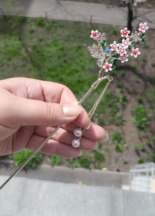 Ніжна китайська паличка для волосся метелик 🦋 на квітах3 фото