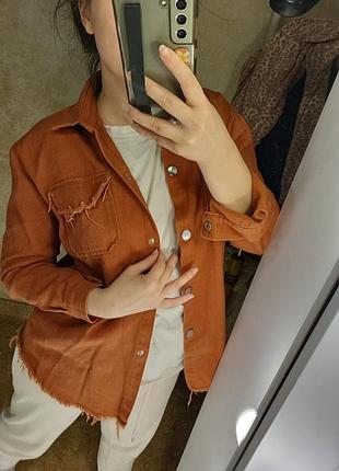 Рубашка джинс коттон джинсовая корал рыжая кемел    на кнопках тренд база оранж коричневая терракот кирпич
