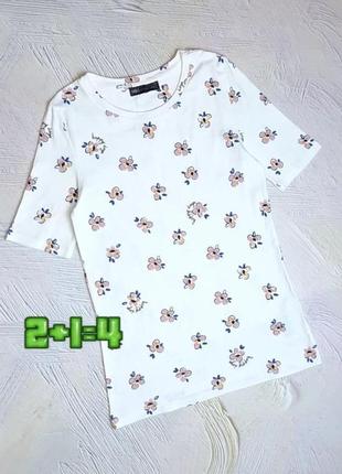 💝2+1=4 брендовая белая женская футболка в цветашках marks & spencer, размер 44 - 46