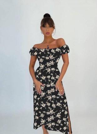 Сукня жіноча літня, з софту, чорна, міді, з квітковим принтом, з короткими рукавами