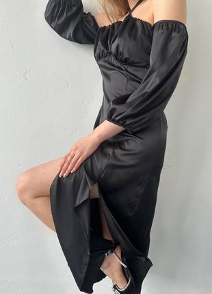 Сукня жіноча з шовку міді, з розрізом на нозі, з довгими рукавами , ліхтариками , чорна і біла9 фото