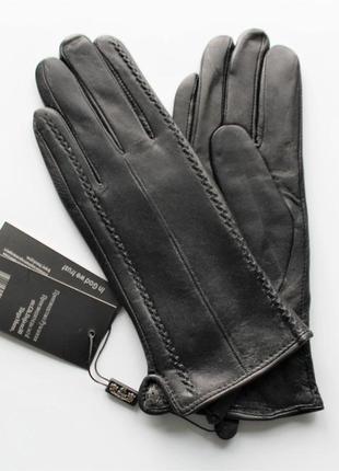 Женские кожаные перчатки "stripes" подкладка махра black1 фото