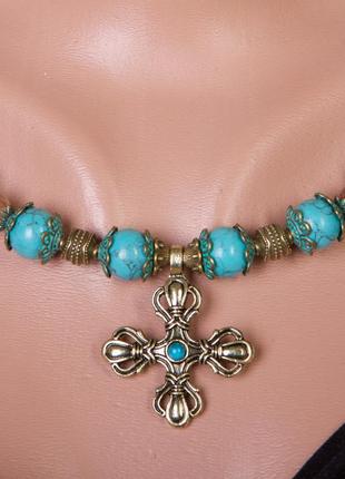 Крафтовое ожерелье с бирюзой и кварцем4 фото