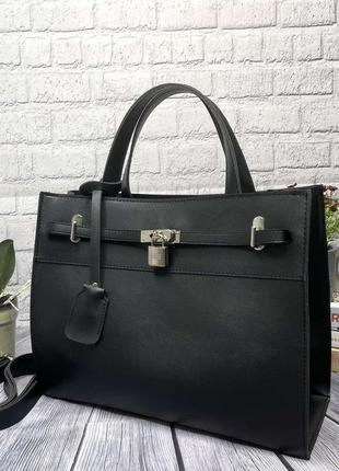 Женская большая сумка с замочком черная эко кожа, сумочка на плечо с декоративным замком1 фото