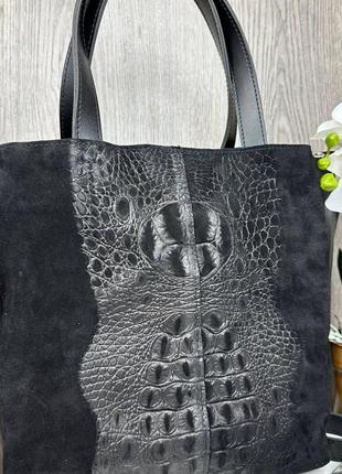 Женская замшевая сумка черная через плечо под рептилию, женская сумочка крокодил натуральная замша9 фото