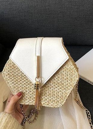 Женская мини сумочка клатч плетеная соломенная маленькая сумка шестигранная9 фото