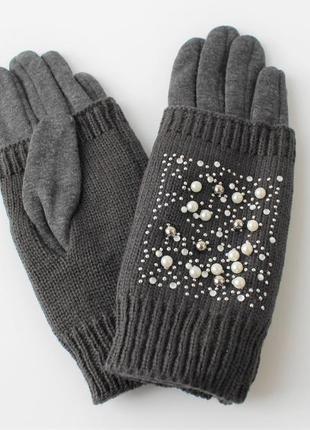 Женские теплые перчатки, вязка бусины серые