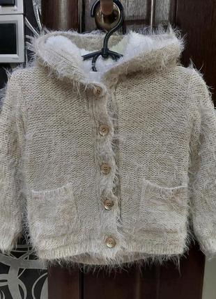 Кофта-куртка, кардиган на меху травка f&f молочного цвета 2-3 года