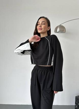 Спортивный костюм,женский,весенний,джоггеры,штаны,кроп топ с рукавом,с вставками черный,графит
