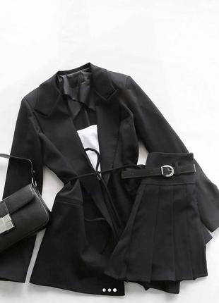 Костюм женский однотонный оверсайз пиджак с карманами юбка короткая на высокой посадке качественный стильный трендовый черный