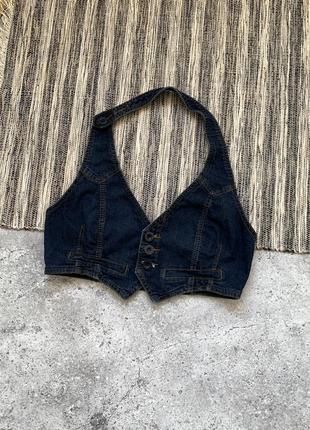 Vintage vest denim top винтаж женская жилетка топ джинсовая синяя размер l-xl