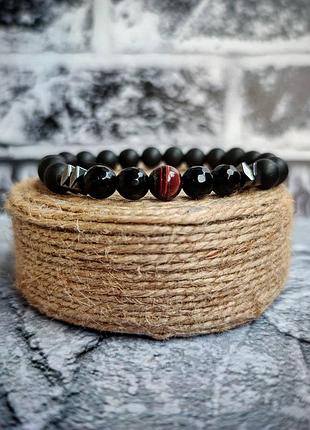 Мужской браслет из натуральных камней, из агата, черного нефрита, гематита