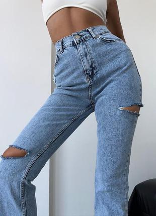 Женские джинсы с разрезами на высокой посадке, прямые, классические, трубы, клеш, брюки, джинс коттон3 фото