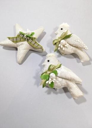 Сказочные птицы и звезда молочно золотой новогодний декор птичка игрушка белая птица3 фото