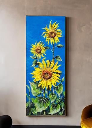 Картина  соняшники  . акрилові фарби, ручна робота на холсті  на дсп  20*50 см  .7 фото