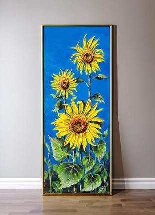 Картина  соняшники  . акрилові фарби, ручна робота на холсті  на дсп  20*50 см  .9 фото