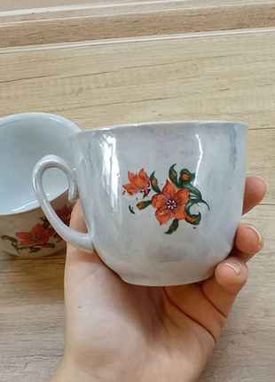 Чашки срср радянські з помаранчевими квітами і перламутрового пок3 фото