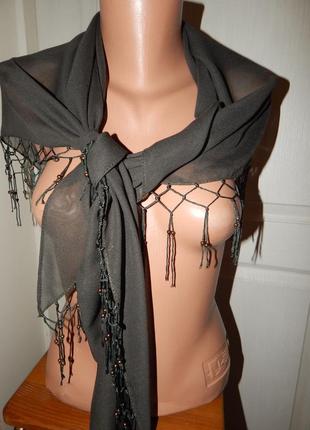 Шифоновый платок, парео с кистьями и бусинами