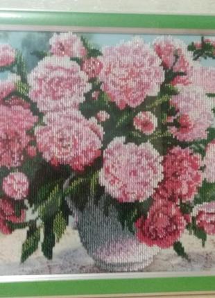 Картина вишита бісером піони