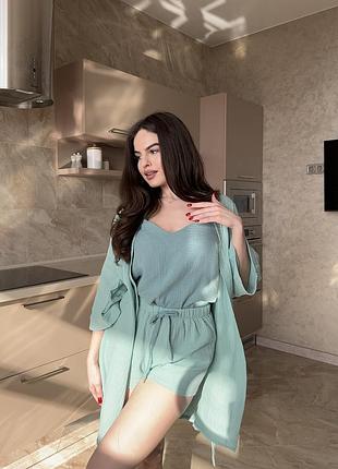 Мулилиновая пижама с халатом, комплект из муслина халат, майка и шортики. пижамный набор муслин халат и пижамка