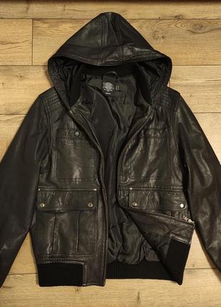 Topman р. s мужская кожаная куртка черная с капюшоном мужская бомбер натуральная кожа