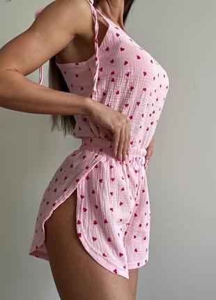 Муслиновая пижама женская шорты майка легкая летняя: белая, розовая7 фото