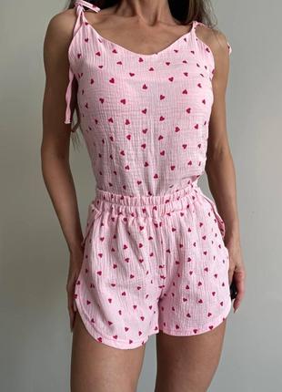 Муслиновая пижама женская шорты майка легкая летняя: белая, розовая5 фото