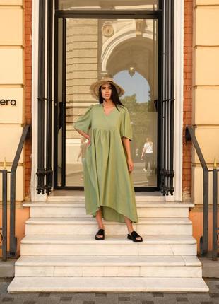 Жіноча сукня вільного крою льон : one size молочний, небесний, олива5 фото
