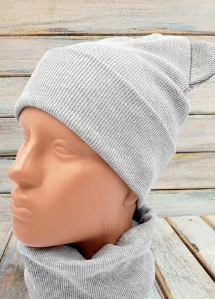 Сіра шапочка з вушками і хомут, снуд,баф,шарф, демісезонна шапка, осінній комплект1 фото