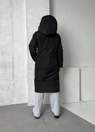 Длинная чёрная женская куртка пальто6 фото